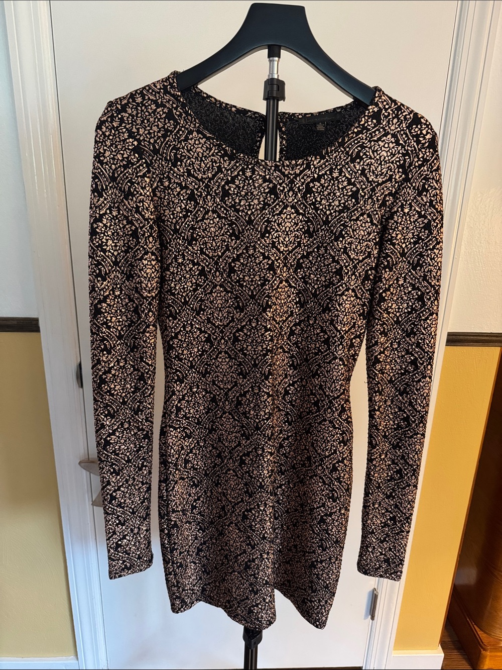 Lucca Couture Black Dress with Rose Gold Damask Pattern